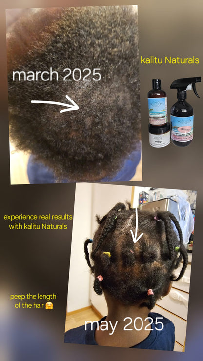 Before and after comparison of hair growth using Kaltu Naturals products.