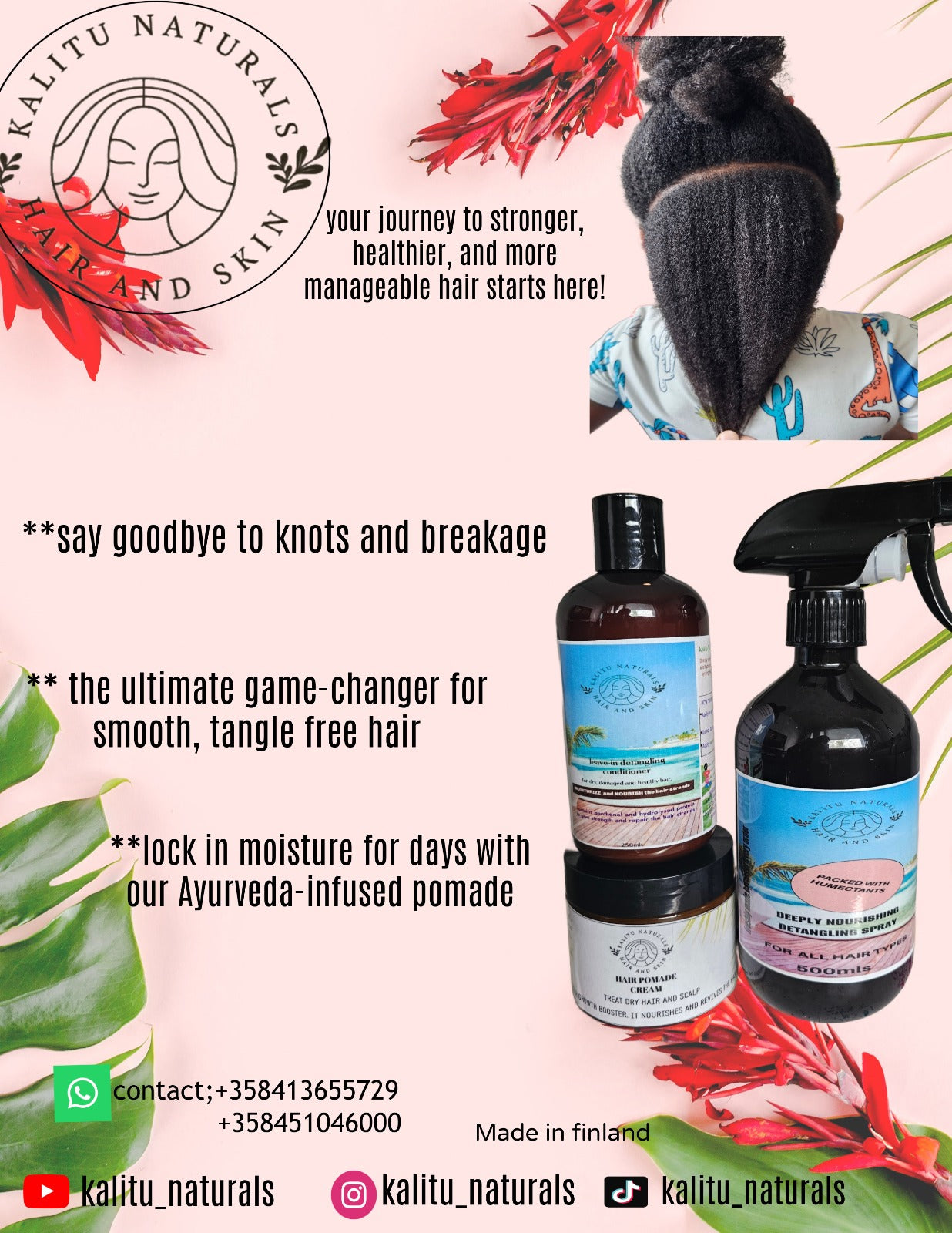 Kalitu Naturals hair care products with promotional text on a pink background