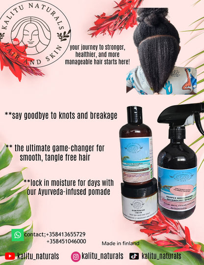 Kalitu Naturals hair care products with promotional text on a pink background